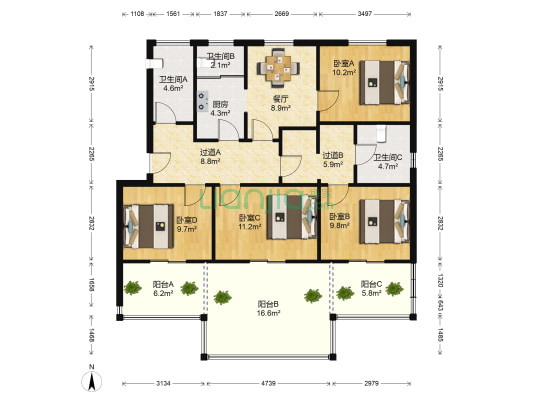 灵悟小区 4室1厅3卫 89平方