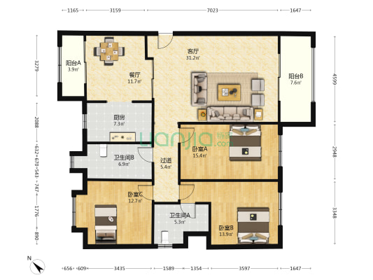 洞庭苑 3室2厅2卫 161平方