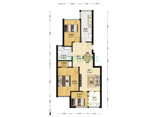 荷韵江南苑 3室2厅1卫 80平方