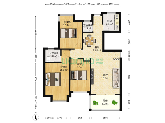 联泰香域中央A区 3室2厅2卫 110平方