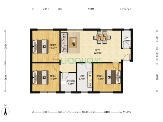 贾家巷40号院 3室1厅2卫 107平方