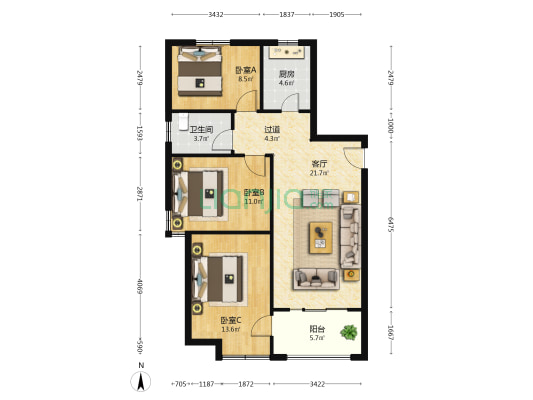 经典温哥华 3室1厅1卫 105平方