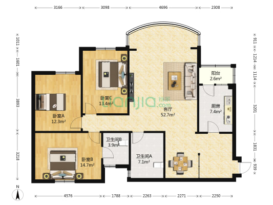 棕南正街6号 3室1厅2卫 149平方