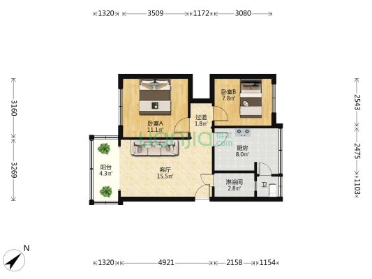 昆明市农业学校教职工宿舍 2室1厅2卫 55平方