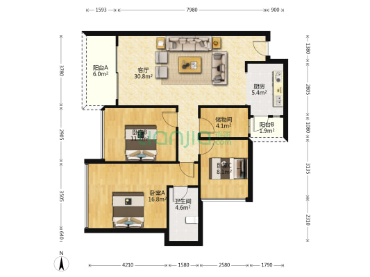 天荷壹号花园 3室1厅1卫 102平方