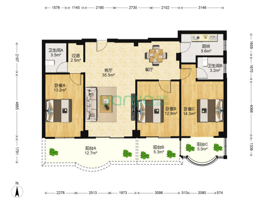 富华广场 3室1厅2卫 125平方