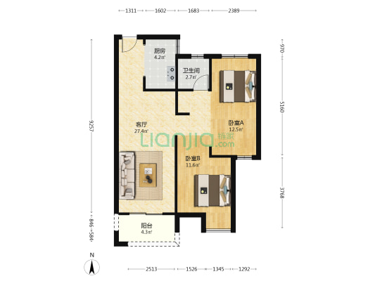 北辰经开优+ 2室1厅1卫 87平方
