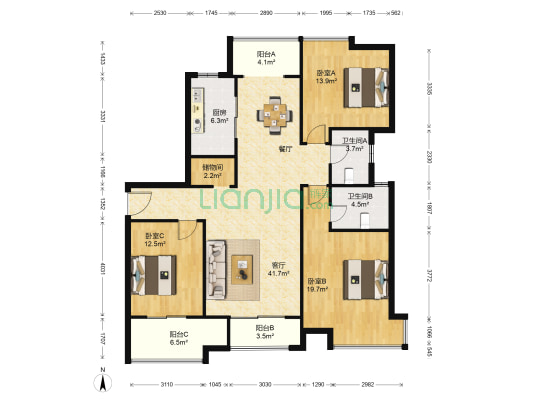 中星恬园 3室1厅2卫 142平方
