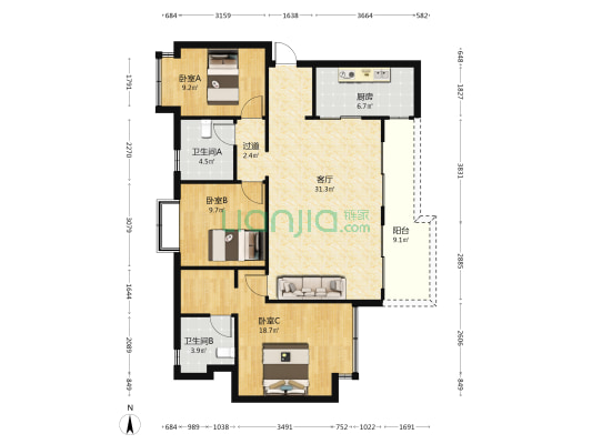 恒大银海湖二期 3室1厅2卫 120平方