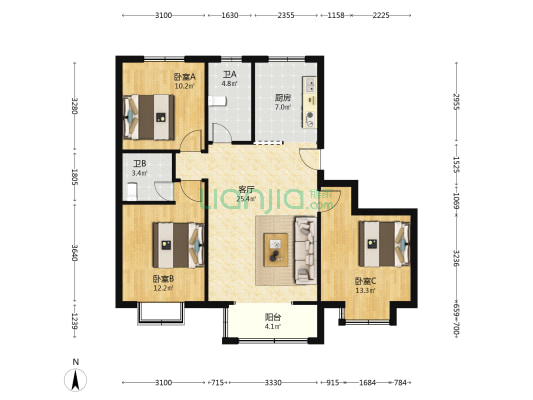 海都国际广场 3室1厅2卫 119平方