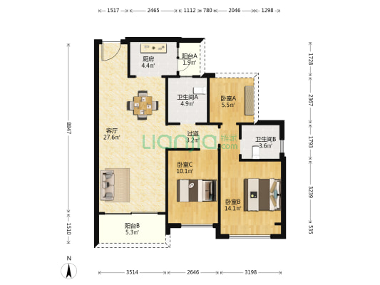 中洲御郡华府 3室1厅2卫 93平方