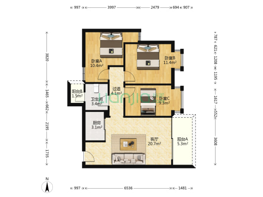 风度国际名苑 3室1厅1卫 92平方