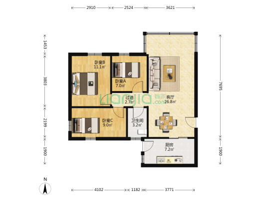 白云山中药厂宿舍 3室1厅1卫 77平方