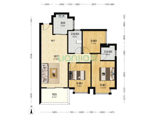 招商雍祥府 3室1厅2卫 94平方