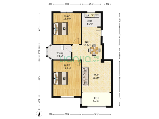 康桥公馆 2室2厅1卫 103平方