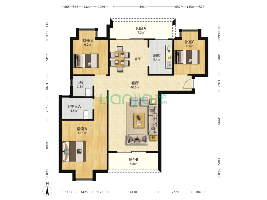 殷华阁商住楼 3室1厅2卫 133平方