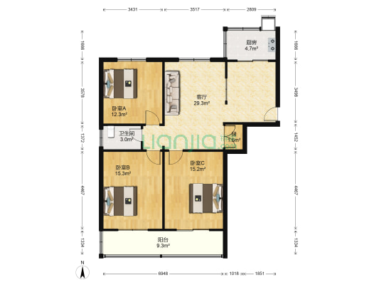 饮食公司家属院 3室1厅1卫 103平方