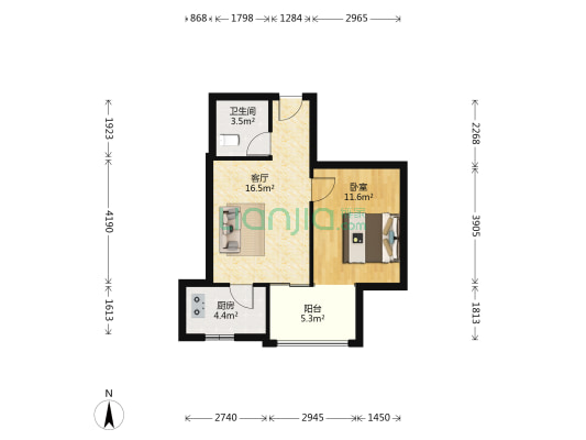 带装修拎包入住，户型方正，房本满五不唯一，正规一居-户型图