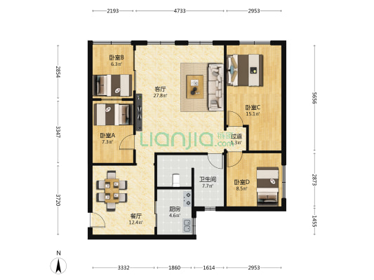 京海花园 4室2厅1卫 125平方