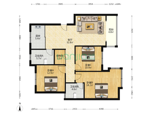 上海丽苑 3室1厅2卫 116平方
