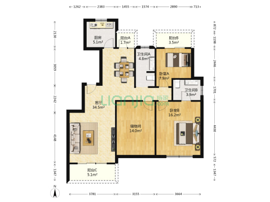 清华大溪地七号院 2室1厅2卫 113平方