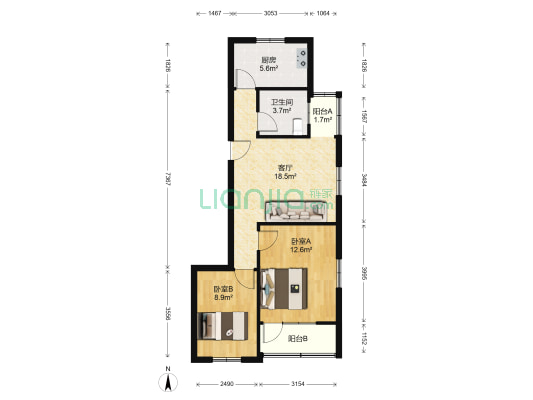 蓝天新村 2室1厅1卫 69平方