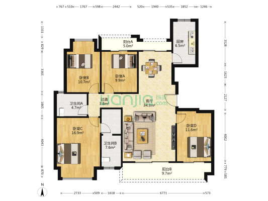 首创禧瑞山河 4室1厅2卫 143平方