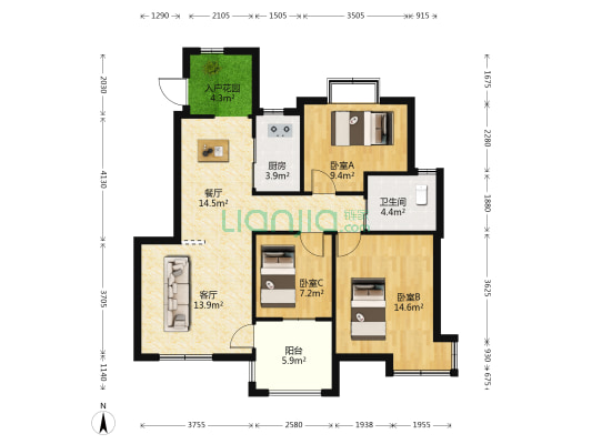 港城尚府 3室2厅1卫 98平方