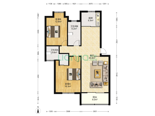 景典铭园 2室1厅2卫 107平方