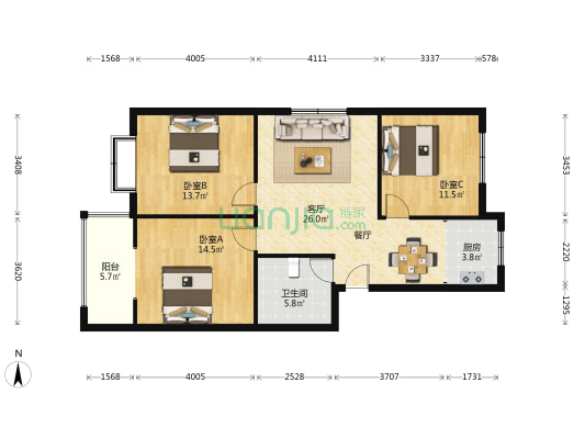 绿城365美丽家园 3室1厅1卫 102平方