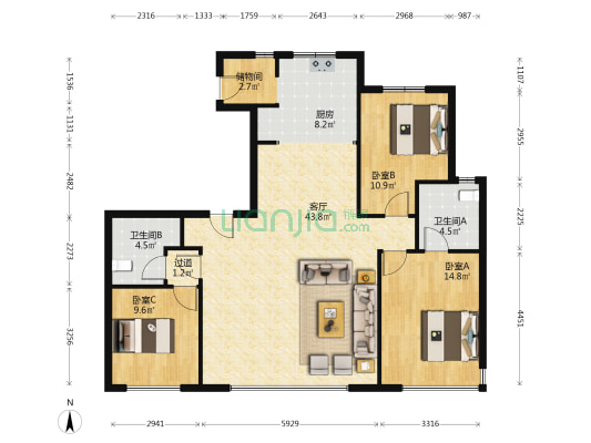 保利天悦 3室1厅2卫 142平方
