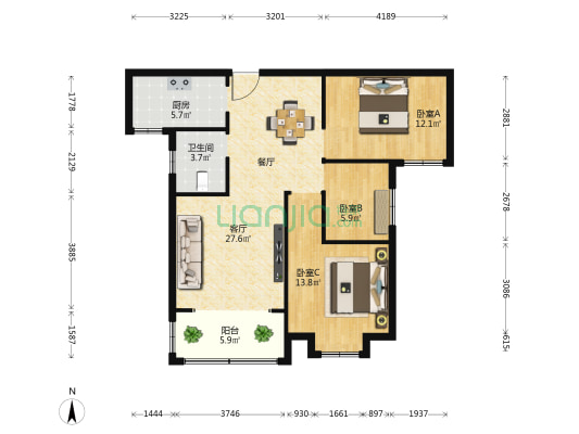 玉龙湾公园 3室1厅1卫 108平方