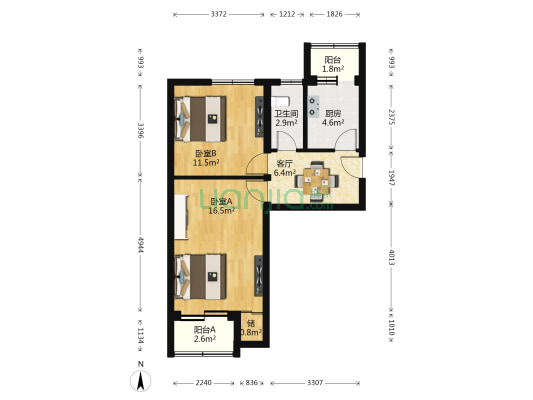 西黄城根南街9号院 2室1厅1卫 61平方