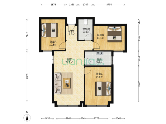 天福花园(温州路) 3室1厅1卫 103平方