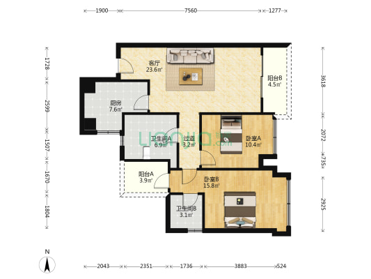 香城云庭 2室1厅2卫 97平方
