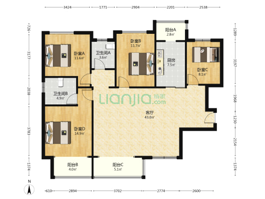 鑫远香缇雅苑 4室1厅2卫 144平方