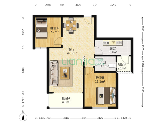青园 2室1厅1卫 80平方