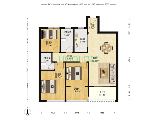 绿城九龙仓钱塘明月 3室1厅2卫 88平方