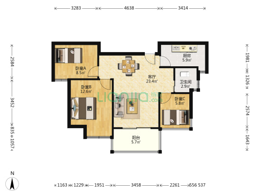 电建海赋尚城二期 3室1厅1卫 86平方