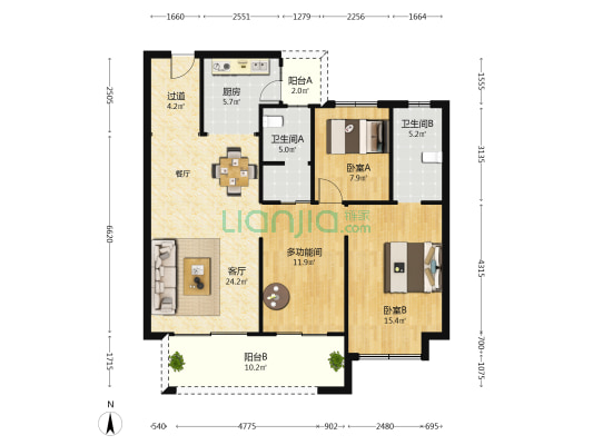 安宁万达中央公园 3室1厅2卫 115平方