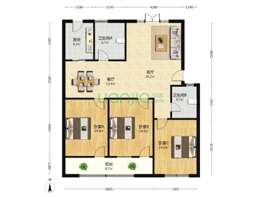 金安大厦 3室2厅2卫 131平方