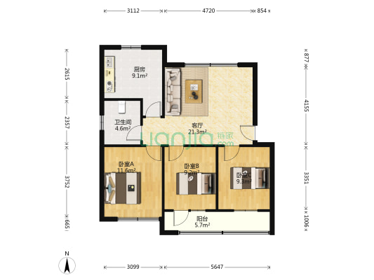 新兴西路1544号 3室1厅1卫 87平方