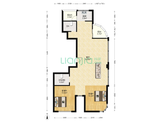 南城花苑 2室1厅2卫 143平方