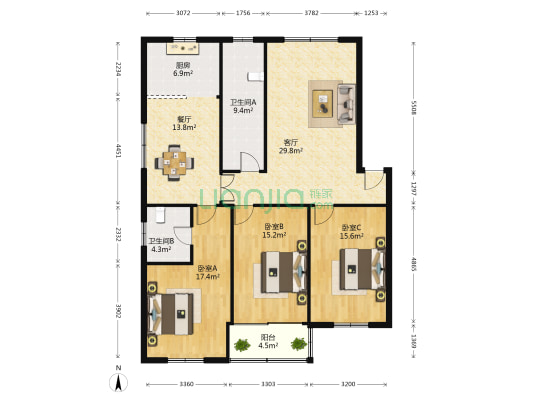 为民小区 3室2厅2卫 135平方