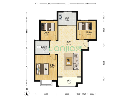 品质社区，南北通透的，明厨明卫！-户型图