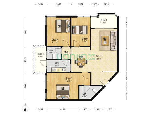 侨湘苑 3室1厅2卫 104平方