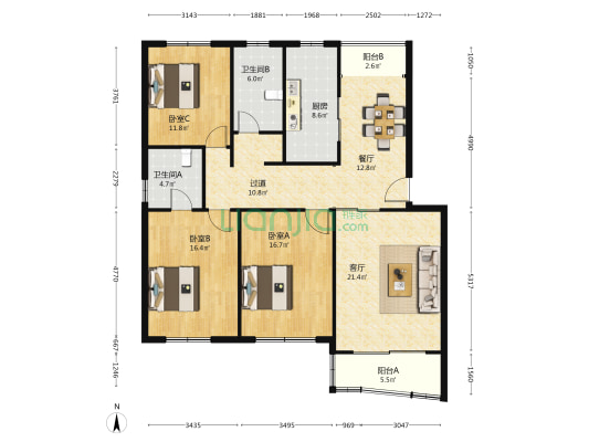 爱甸苑 3室2厅2卫 140平方
