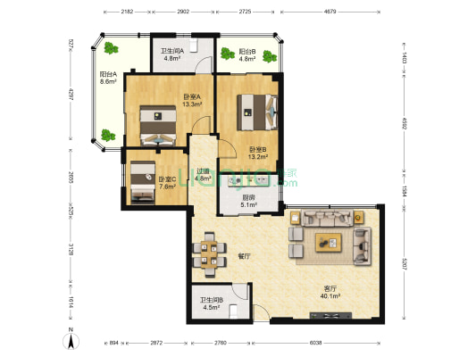 海滨商厦 3室1厅2卫 143平方