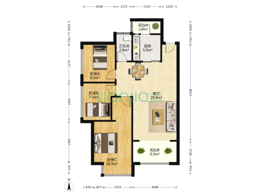 广西南宁水文地质工程地质勘查研究所 3室1厅1卫 92平方