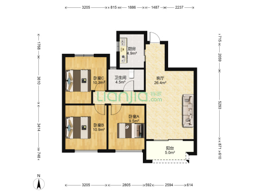 万达水榭雅苑 3室1厅1卫 97平方